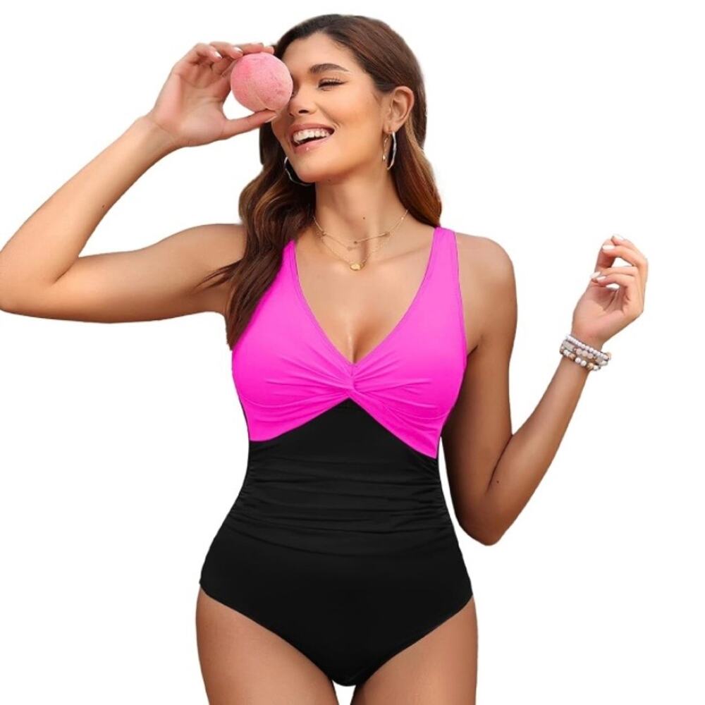 Holipick Women One Piece Swimsuit Pink Black Tummy Control V Neck L NWT